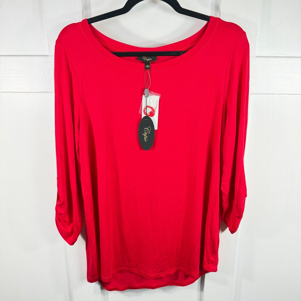 Cupio Womens Salsa Red 3/4 Roll Tab Sleeve Scoop Neck Blouse Top CM89152 Large